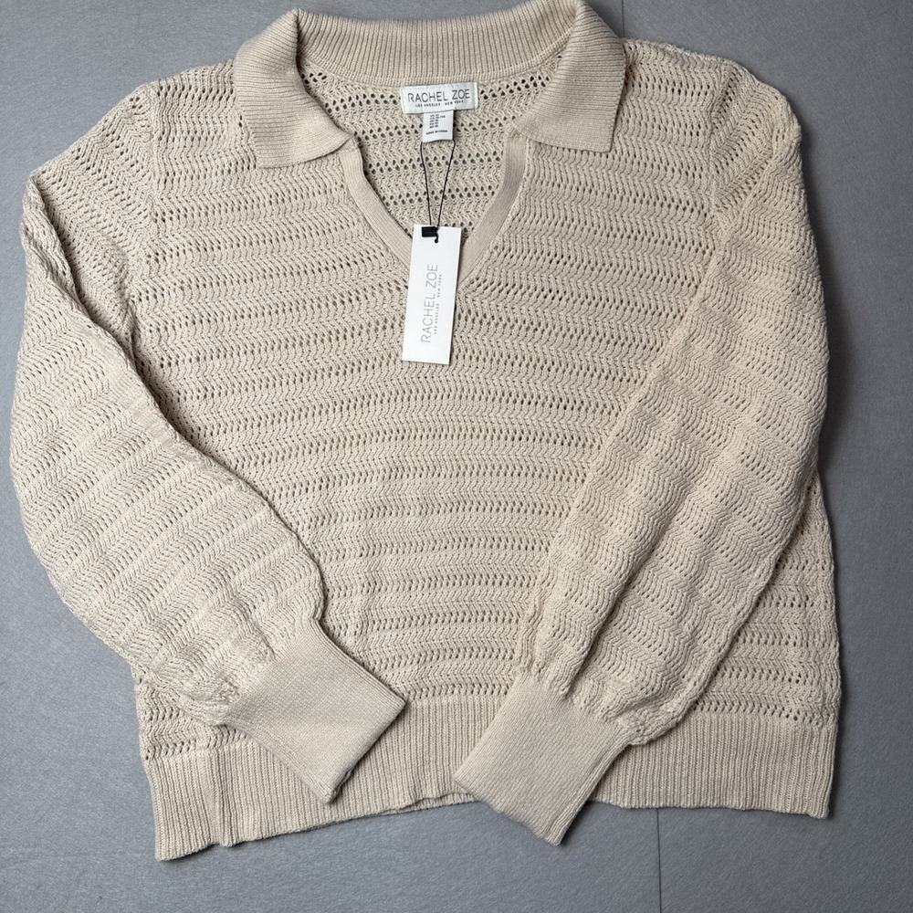 Rachel Zoe Collared Cream Pointelle Knit Pullover Polo Sweater Size XL NWT